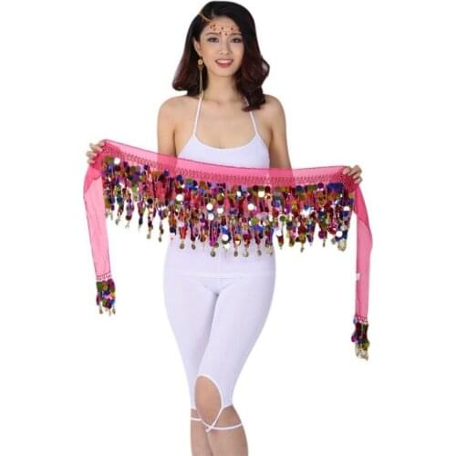 Belly Dance Hip Chiffon Skirt Scarf Wrap Belt With Golden Coins Sequins 10 Colors Dancing Accessories Clothes