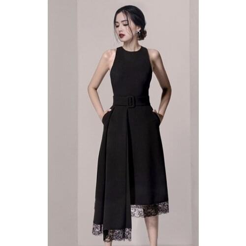 Elegant Split Sleeveless Irregularity Party Dance Office Dress Spring Fashion Sheath Round Neck Mid Length Lace Dress Pockets
