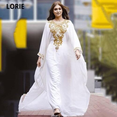 LORIE White Chiffon Muslim Evening Dresses Gold Sequined Beaded Dubai Moroccan Kaftan Gowns Women Abaya Formal Prom Party Dress