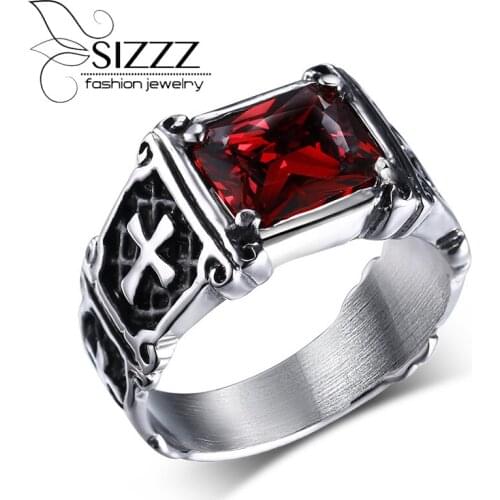 SIZZZ Big Red/Black Stone Rings for Men Rock Punk Ring Jewelry Birthday Gift