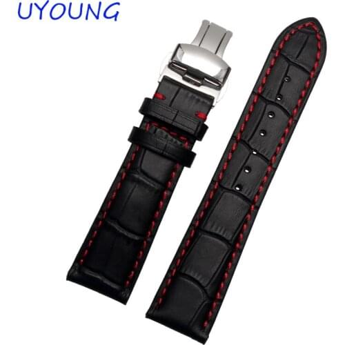 High quality genuine leather watchband 18 20 21 22mm mens black watch strap with butterfly buckle