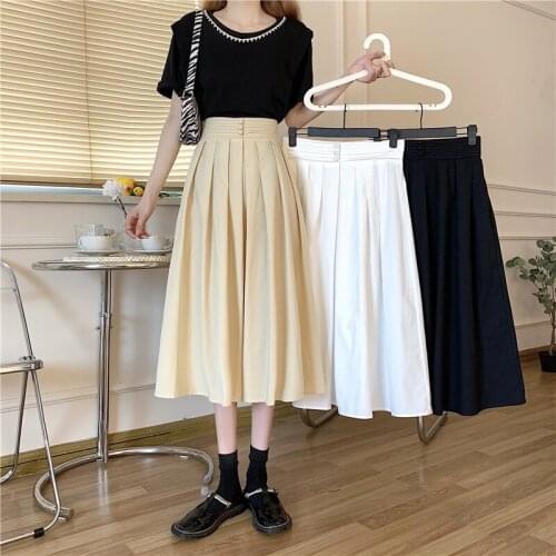 Retro Y2k White Skirt Woman 2021 Summer Medium Length Khaki Pleated Umbrella Skirt High Waist A-line Midi Harajuku Skirt