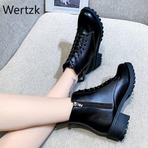 2020 Winter Womens Boots Fashion Lace-up Square Heel Calf Boots Round Head Side Pull Mid Heel PU Martin Boots Zapatos De Mujer