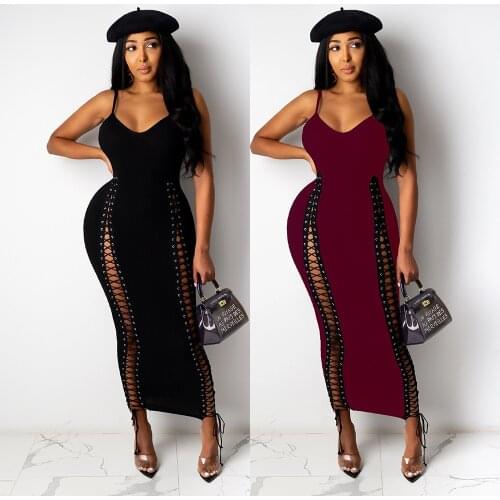 Echoine Strap Grommet Lace Up Long Maxi Dress Women Sexy Bodycon Skinny Vintage Vestidos Fitness Outfits Sleeveless Dresses