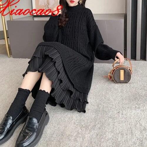 Autumn Winter Kintted Turtleneck Rufflest Dresses For Women Solid Warm Long Sleeve Dress Plus Size Loose Robe Femme Black White