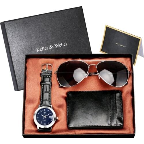 2020 Fashion Gift Set for Men Luxury Quartz Watches Male Unique Black Coffee Wallets Cool Sunglasses Boyfriend Husband Top Gifts