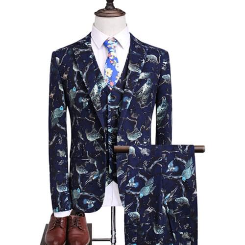 2021 Floral Print High End Suits Jacket Mens Banquet Wedding Flowers Birds Slim Fit Blazers Coat Waistcoat Pants Vest 3 Pcs Set