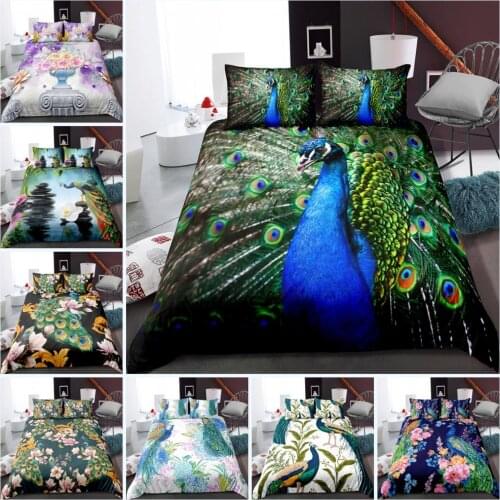 3D Print Peahen Printing Bedding Set Beautiful Feathers Duvet Cover Bed Sheet Soft Microfiber Peahen Pattern Quilt Cover 3 Pcs