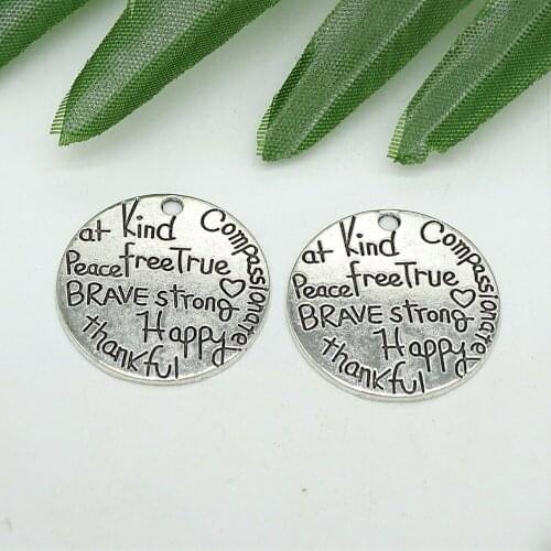 Antique Sliver Round Charm Carved with brave strong peace compassionate kind happy Letters DIY Jewelry Findings, 50pcs/lot