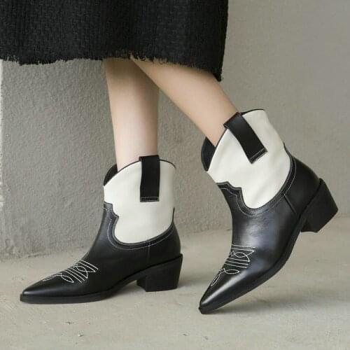 EshtonShero Shoes Woman Women Ankle Boots Square Med Heels Platform Western Style Leather Ladies Motorcycle Sock Boots Size 3-9