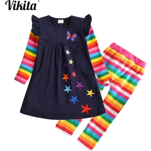 VIKITA Kids Autumn Spring Clothing Sets for Girl Children Butterfly Star Embroidery Cotton Dress and Slim Leggings Girls Outfit