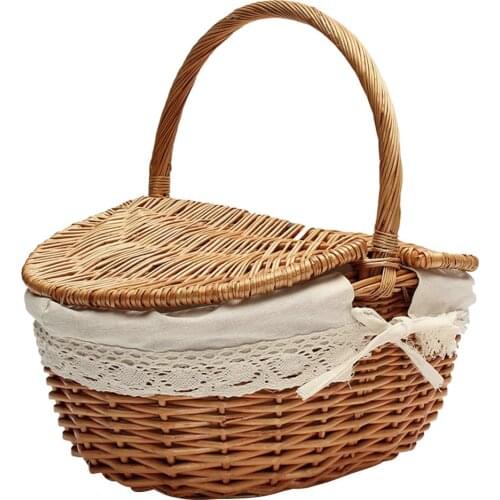 Handwoven Rattan Outdoor Picnic Camping Storage Basket Shopping Holder with Lid