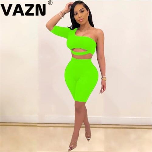 VAZN 2020 Hot One Off Shoulder Unusual Hollow Out Novelty Sexy Club Solid Half Sleeve Knee Length Elastic Women 2 Piece Set