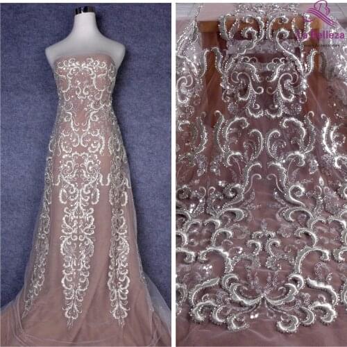 La Belleza 2021 bridal lace,heavy embroidery lace fabric,silver beading gown dress lace ,large pattern fabric 51'' width 1 yard