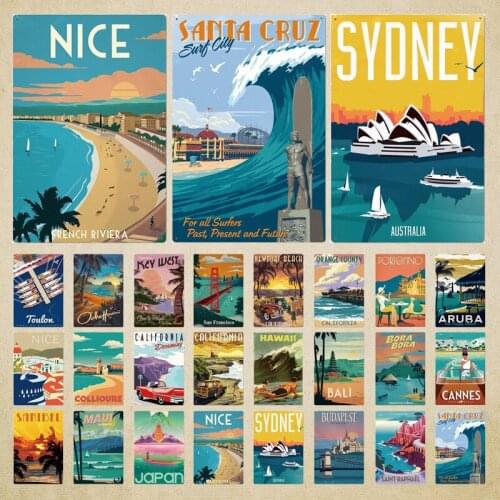 Seaside Scenery Metal Sign Blue Seawater Beach Landscape Painting Wall Poster Iron Tin Plaque Sign Plaque Metal Vintage Summer