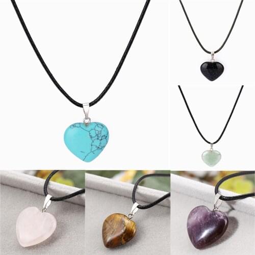 Fashion Healing Point Chakra Love Heart Natural Stone Quartz Crystal Leather Pendant Necklace Jewelry Gifts