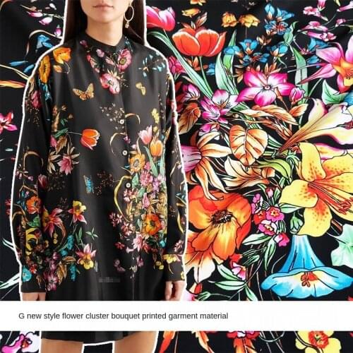 Fashion week stretch satin fabric meter summer brand digital printing fabric satin dress handmade DIY fabric wholesale cloth