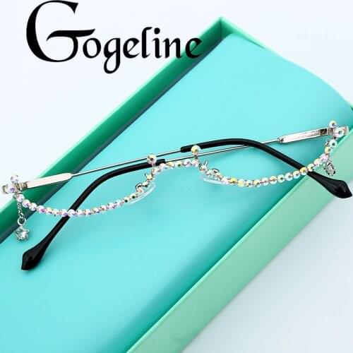 Fashion Rhinestone Eyeglasses Alloy Frame For Women Rimless Luxury Diamond Water Drop Chain Pendant Decoration Half Frame Glass