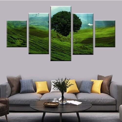 Wall Art Canvas Painting Modern HD Printing 5 Pieces Green Hill and Green Tree Nature Landscape Poster Living Room Decor