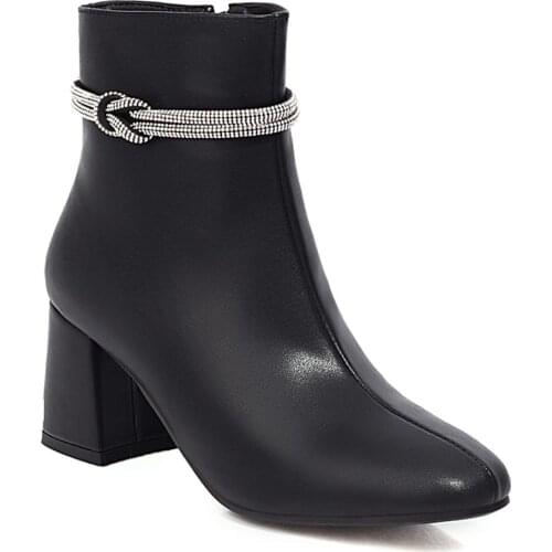 2020 New Rhinestone Leather Womens Boots Cowhide Two-Layer Leather Ankle Rhinestone Belt Thick Heel Ankle Boots