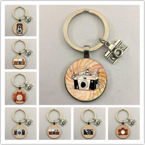 New Retro Camera Glass Convex Round Keyring Fashion Model Pendant Keychain Photos Gift Cute Pattern Souvenir Charm Bag Men Women