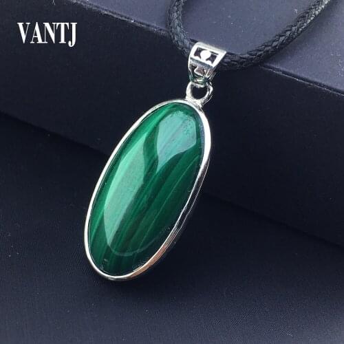 VANTJ Natural Malachite Pendant Sterling 925 Silver Oval 15*30mm Crystal Fine Jewelry For Woman Lady Man Party Gift