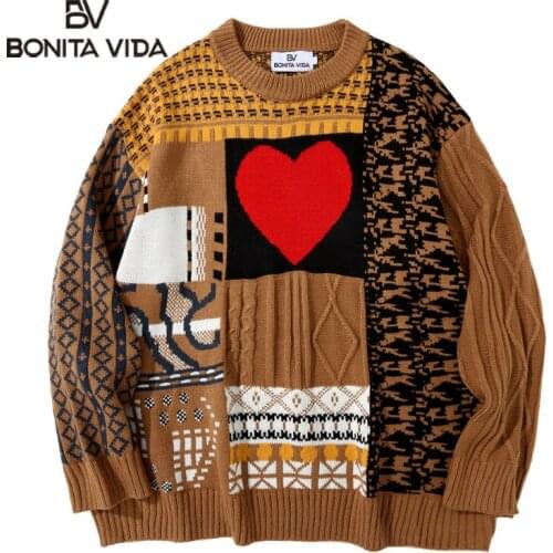 Bonita Vida Patchwork Harajuku Mens Loose Sweater Autumn Winter Pullover Casual Long Sleeve Fashion Oversized Knitted Sweaters