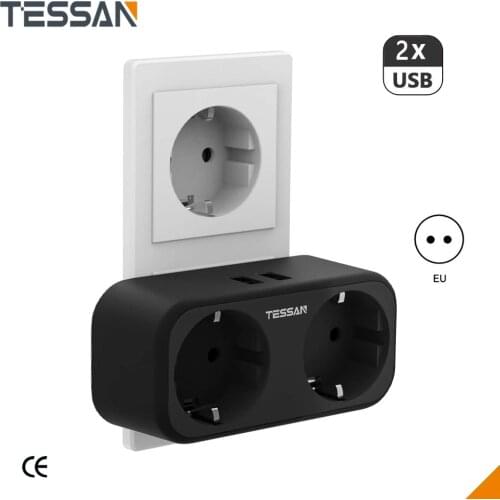 TESSAN USB Power Adapter with 2 EU/DE Outlets and EU/DE Plug Wall Multiple Outlets Socket Power Strip Plugs