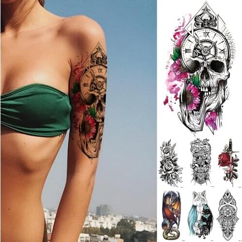 Daisy Clock Skull Temporary Tattoo Sticker Flash Waterproof Tattoos Mermaid Fox Demon Body Art Arm Fake Sleeve Tatoo Women M