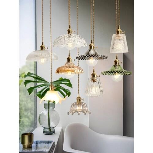 Japanese Retro Vintage Brass Glass Pendant Lights E27 Led Gold Lustre Hanging Lamp Decor Restaurant Bedroom Bedside Porch Aisle