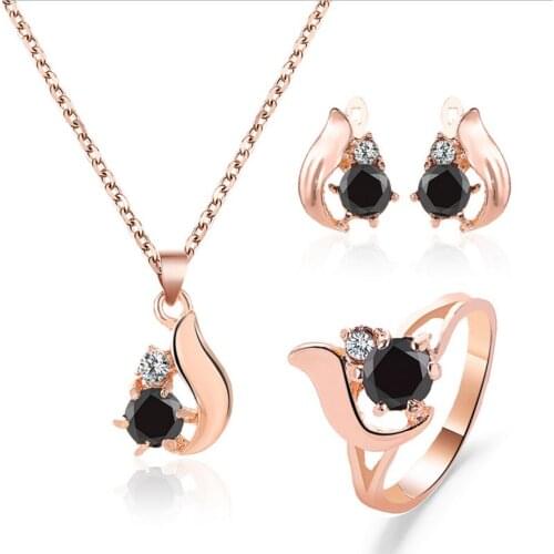 Jewelry sets earring ring necklace wing shape crystal and black obsidian setting gold color plated metal chain