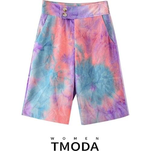 TMODA399 Women 2020 Fashion Side Pockets Tie-dye Straight Corduroy Shorts Vintage High Waist Zipper Fly Female Short Pants Mujer