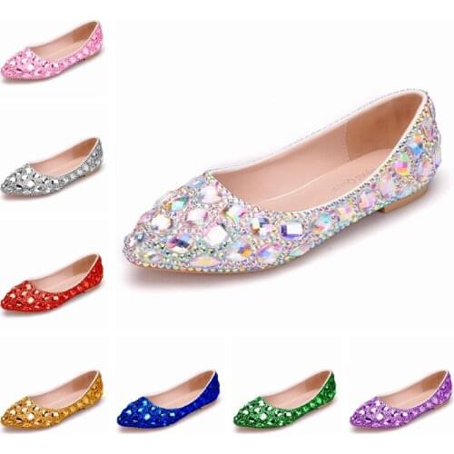 Crystal Queen Luxury Pointed Toe Bridal Colorful Rhinestone Shallow Mouth Flat Heel Wedding Shoes Women Flats Big Size