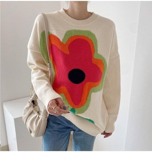 Women Knitted Sweater Flower Oversized Pullovers Winter O-Neck Long Sweaters Streetwear Outerwear 2021 Y2K Female Pullovers