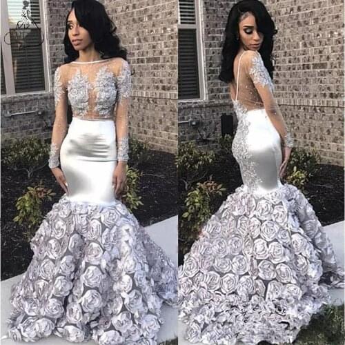 Gorgeous Rose Flowers Mermaid Prom Dresses 2019 Appliques Sheer Long Sleeve Evening Gown Silver Stretchy Satin robe de soiree