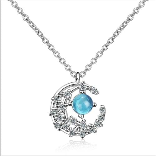 Luxury Crystal Blue Moon Pendant Necklace For Girls Bride Wedding Accessories Fashion Silver 925 Women Jewelry Princess Bijou