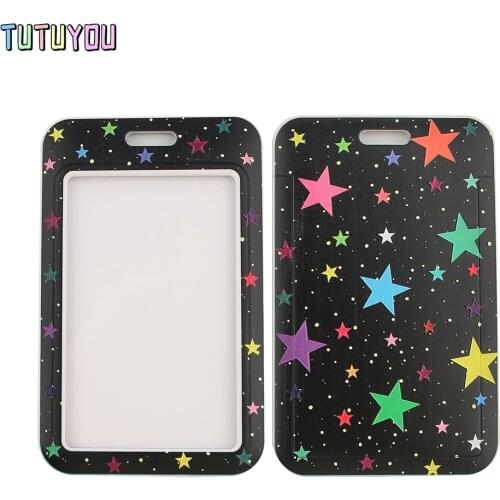 1pc PC2564 Colorful Stars Lanyard Credit Card ID Holder Bag Student Women Travel Bank Bus Business Card Cover Badge
