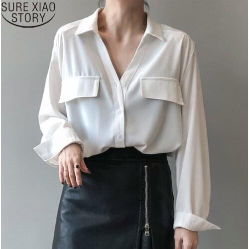 2021 Casual Button Up Pocket Tops Autumn Vintage Long Sleeve Shirt Office Lady White Blouse Women Loose Clothing Blusas 15884