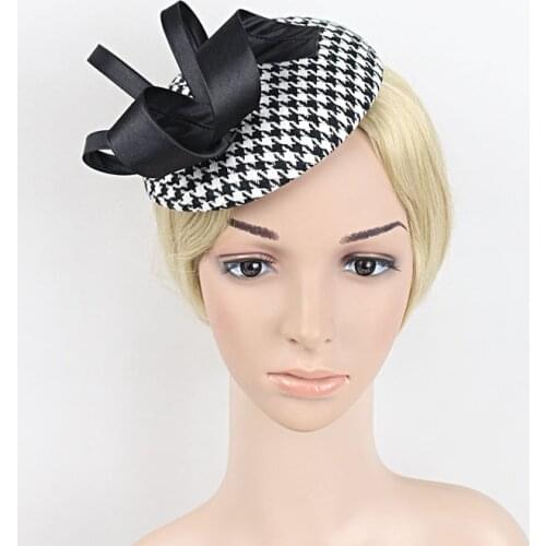 Satin Bow Feather Ribbon Mini Hat Hair Clip Ladies Banquet Flower Black White Grid Hair Fascinator For Women Hair Accessories