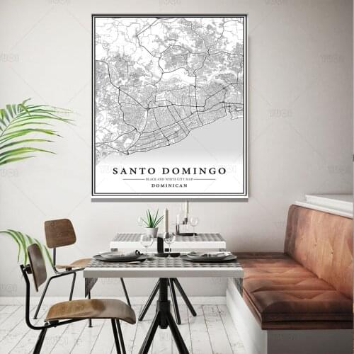 Black and White World City Map SANTO DOMINGO Wall Art Canvas Poster Prints Nordic Style Paintings Picture for Living Room
