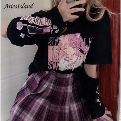 Anime Printing Short sleeve T-shirt Harajuku Splicing Summer Loose trend Japanese Kawaii New tops women 2021 Female Tshirts