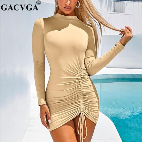 GACVGA 2020 Drawstring Autumn Bodycon Dress Long Sleeve White Black Winter Irregular Women Sexy Mini Party Dresses Vestidos