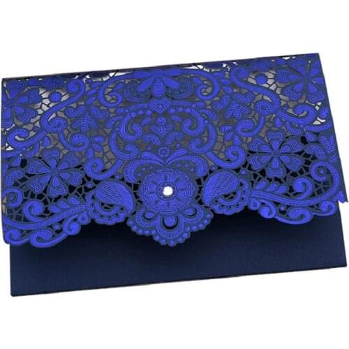 Blue Laser Cut Wedding Invitations 50pcs Elegant Luxury Hollow Bronzing Wedding Cards with Rhinestone Decor Convite De Casamento