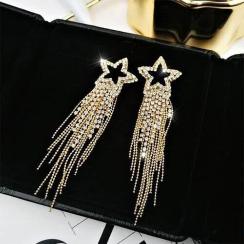 Boutique Crystal Rhinestone Star Pendant Big Dangle Earrings Jewelry Fashion Show Tassel Chain Earrings Accessories