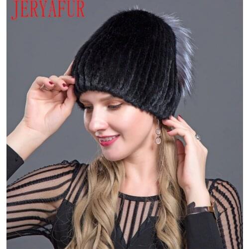 JERYAFUR Russian fashionable mink fur ski cap for winter womens Pullover hat trip mink fox fur hat knitted inner liner hat