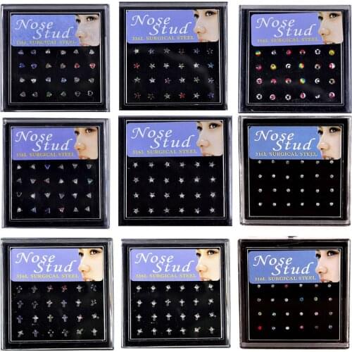 24pcs Crystal Nose Ring & Studs Fashion Body Women Girl Jewelry Stainless Surgical Steel Nose Piercing Colorful Rhinestone