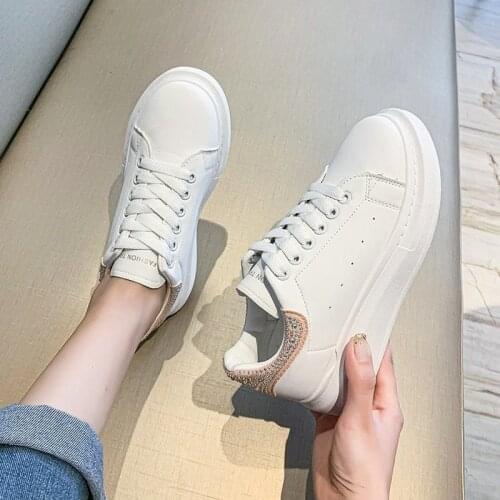 Spring new womens shoes fashion rhinestone thick-soled casual breathable white shoes female large size lace-up sneakers