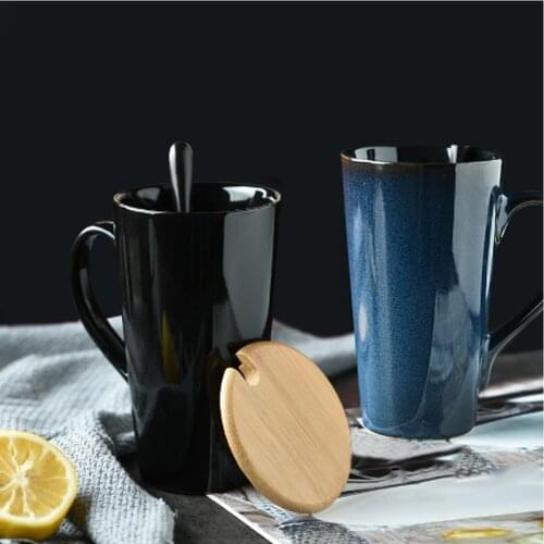 Mug With Lid Spoon Ceramic Coffee Cup Creative Water Cup Large Capacity Cup Couple Cup Simple Milk Mug 500ML WF1017