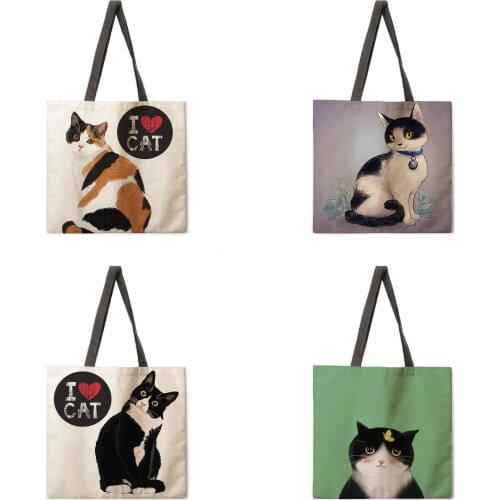 Reusable shopping bag I love cat print tote bag ladies shoulder bag linen fabric bag outdoor beach bag everyday handbag