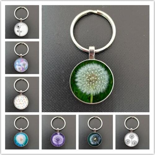 Dandelion plant round glass pendant decoration keychain, suitable for car decoration, a beloved gift for friends